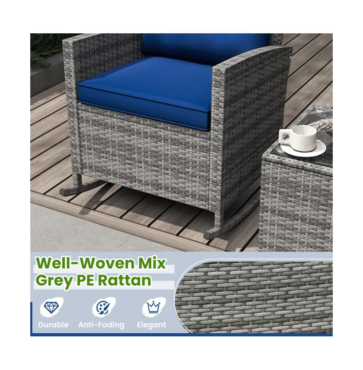 Boyel Living 3 Piece Patio Rattan Roker Chairs with Tempered Glass Table and Soft Cushions