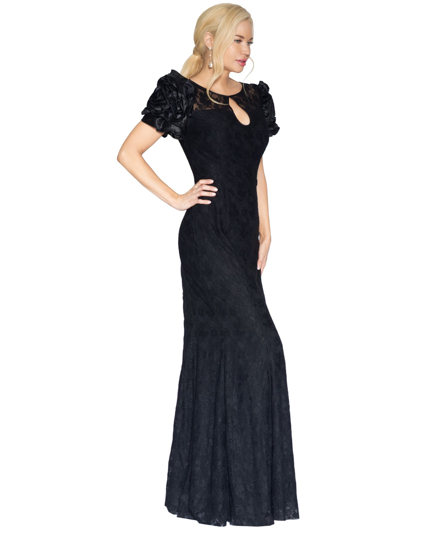 Women's Satin Floral-Sleeve Keyhole Lace Gown