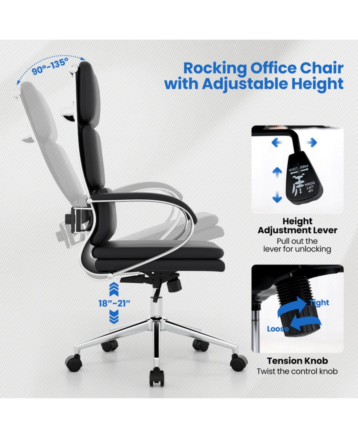 Sugift Ergonomic Leather Office Chair with Adjustable Height and 90degree(s)-135degree(s) Rocking Function
