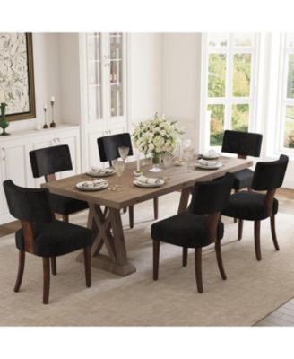 Dining Chairs Set of 6 Mid-Century Modern Curved Backrest Chenille Upholstered Seat Hardwood Frame Wooden Legs Armless Kitchen Side Chairs