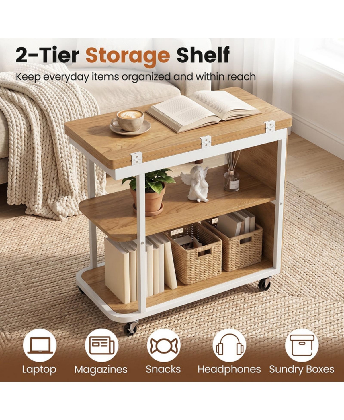 Sugift Mobile Night Stand with Foldable Swivel Top and 2-Tier Shelf for Small Spaces
