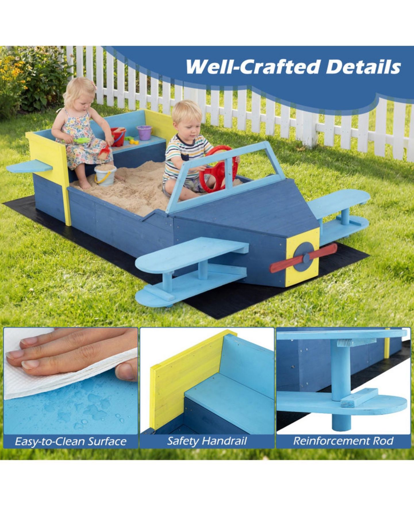 Детская игрушка SUGIFT Large Glider-Inspired Wooden Sandbox with Bench Seat, Ages 3-8, цвет: Синий — фото 4