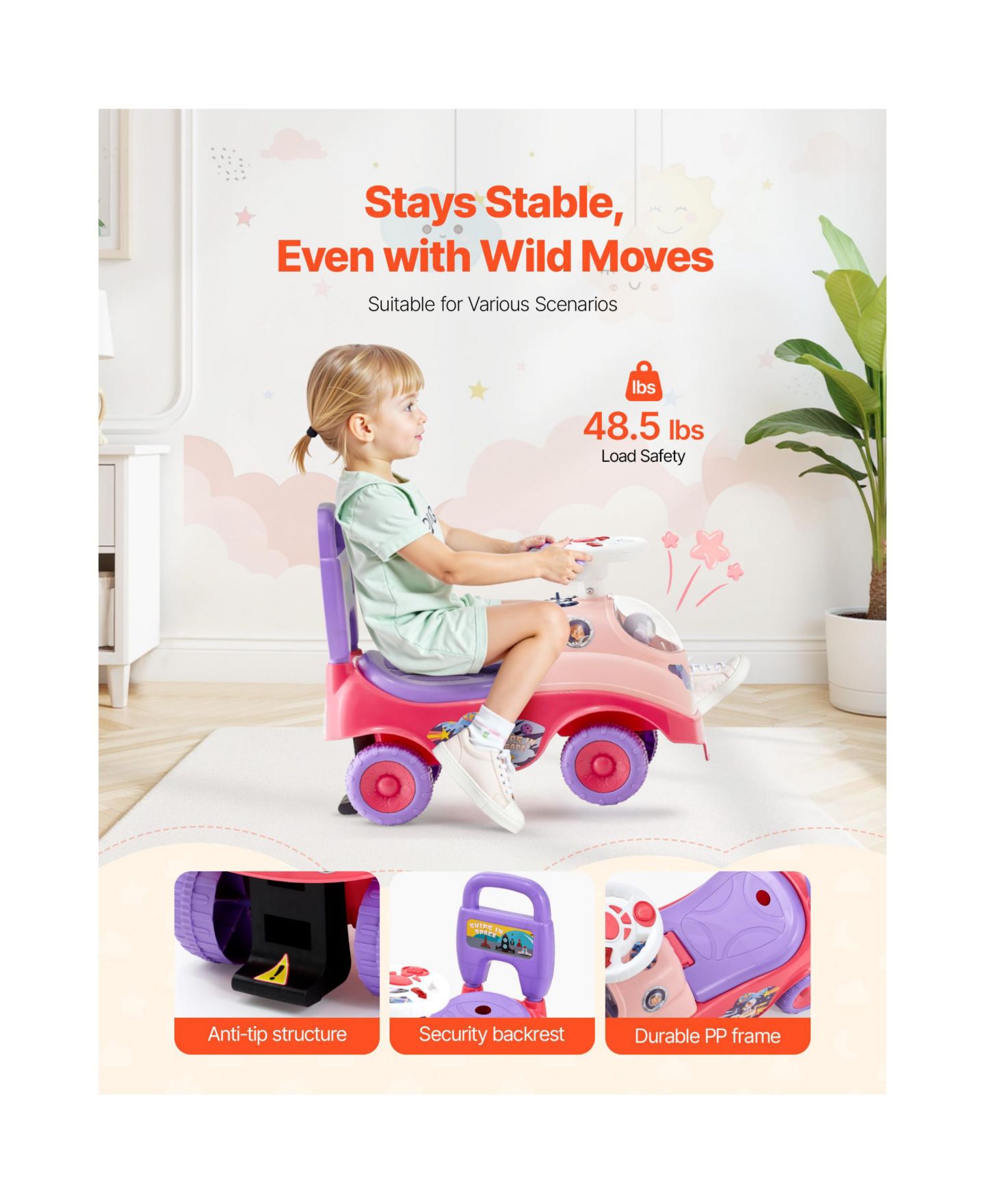 Детская игрушка HONGGE Foot to Floor Ride On Push Car with Interactive Steering Wheel, 48.5 lb Capacity, Ages 19-36 Months, цвет: Розовый разноцветный — фото 4