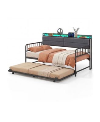 Twin Size Metal Daybed with Pull-Out Trundle and Upholstered Storage Headboard