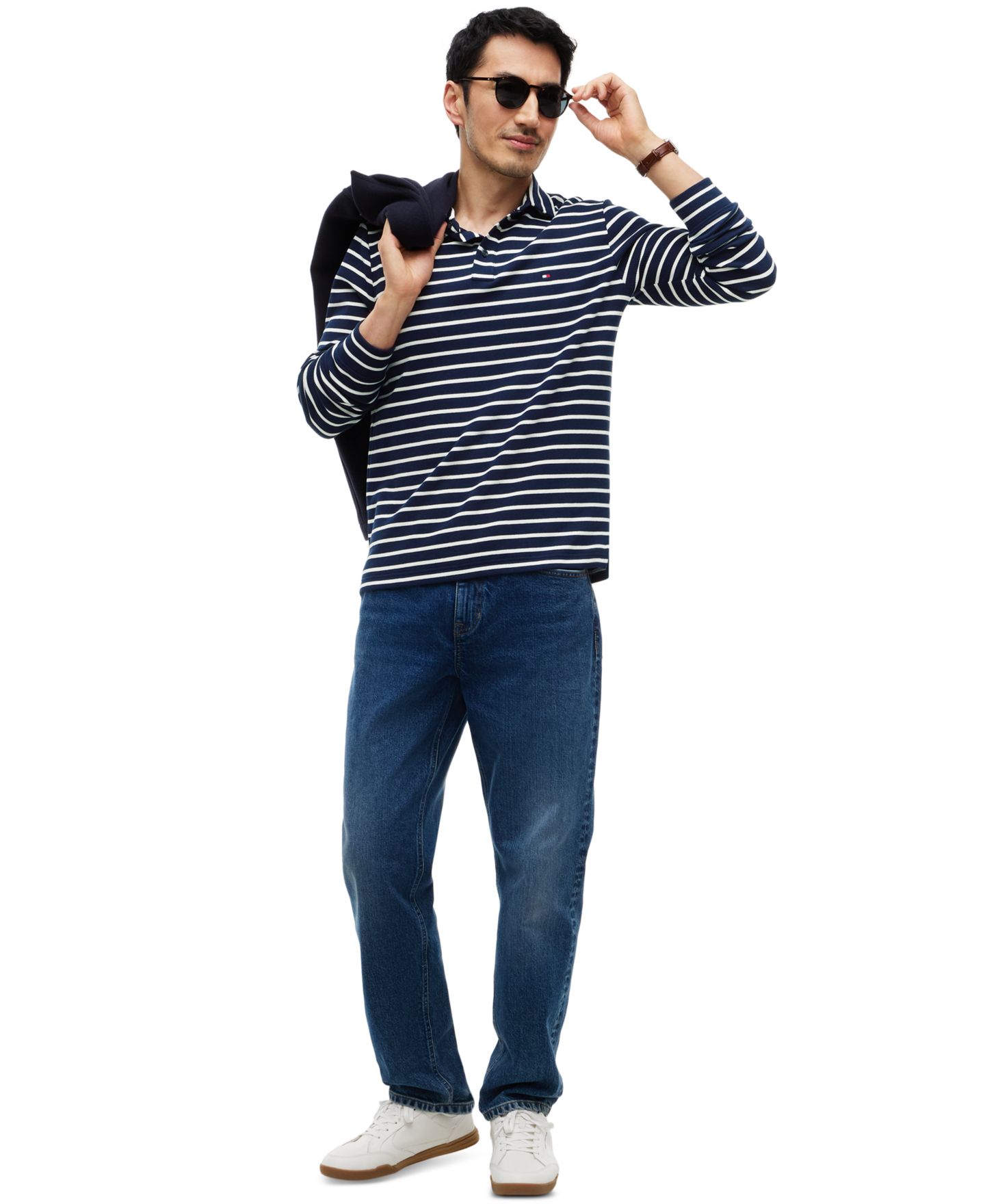 Мужское поло Tommy Hilfiger Waffle Stripe Polo Shirt, цвет: Карбоновый тёмно-синий / Слоновая кость — фото 2