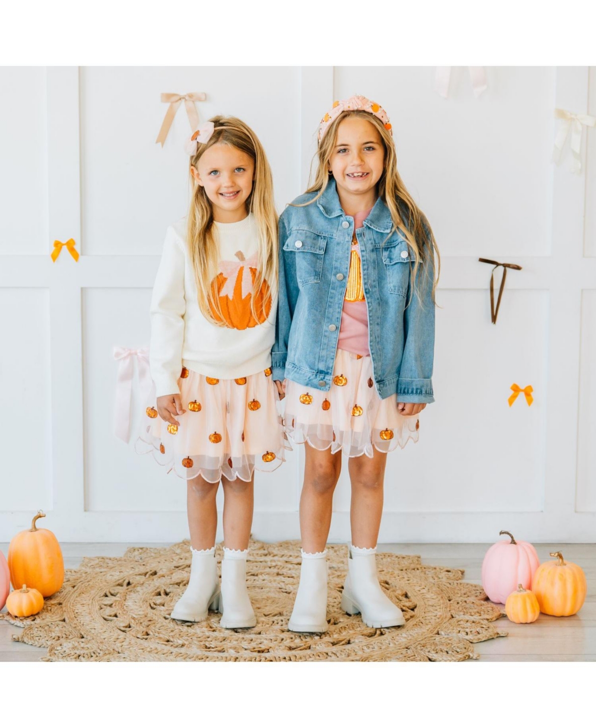 Sweet Wink Toddler Girls Coquette Pumpkin Sequin Patch Denim Jacket