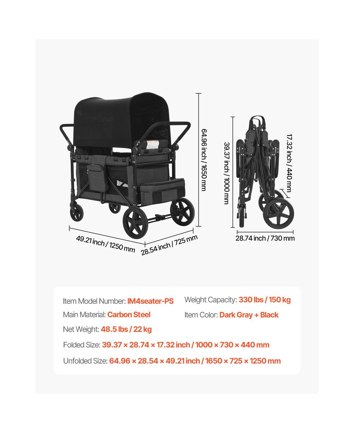 4-Kid Wagon Stroller, Collapsible Push/Pull Cart with Canopy, Safety Harnesses & Adjustable Handle, 330lb Capacity