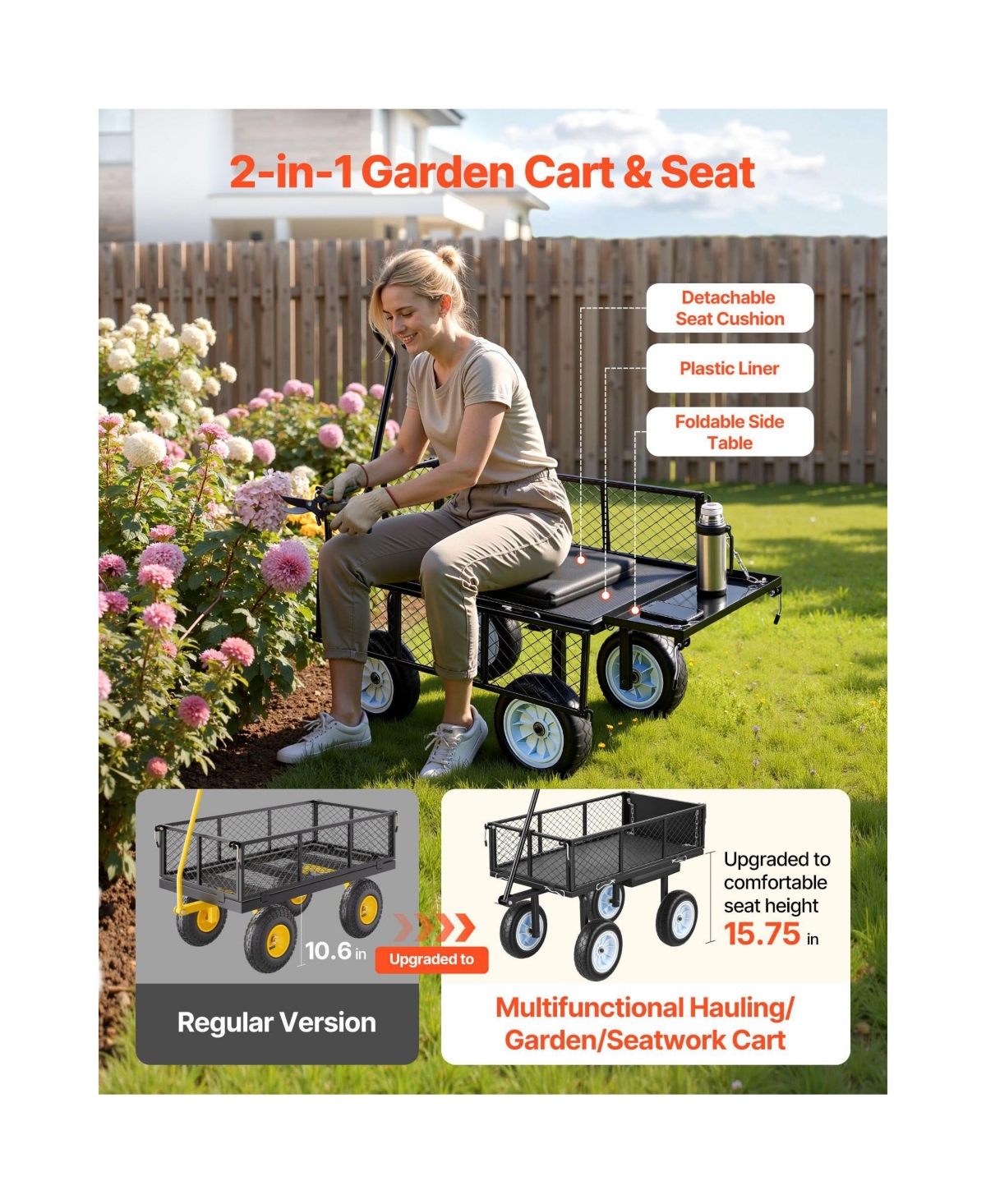 Mountaintop Garden Cart with Seat, 500 Lbs Steel Stool with Wheels, Tool Tray and Adjustable Handle, Black Wagon for Lawn, Patio, Backyard