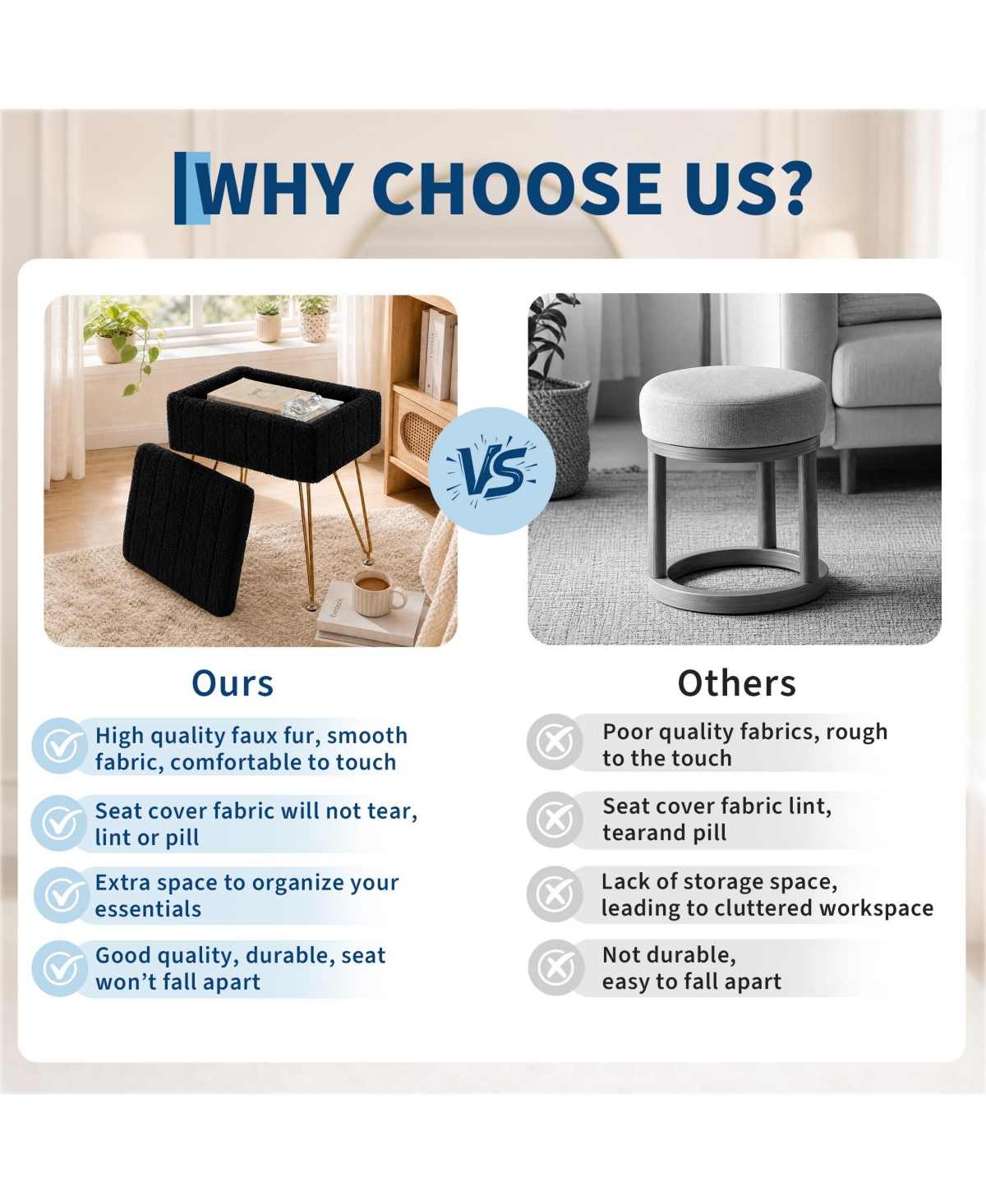 homfan Vanity Stool with Storage – 15.7" Faux Fur Ottoman Metal Legs and Anti-Slip Feet, Soft Padded Seat Foot Rest for Makeup Bedroom