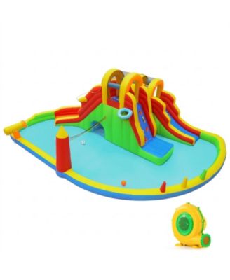Inflatable Water Slide Park with 2 Long Slides, 258.5" x 184" x 90.5", 750W Air Blower, Ages 3-12