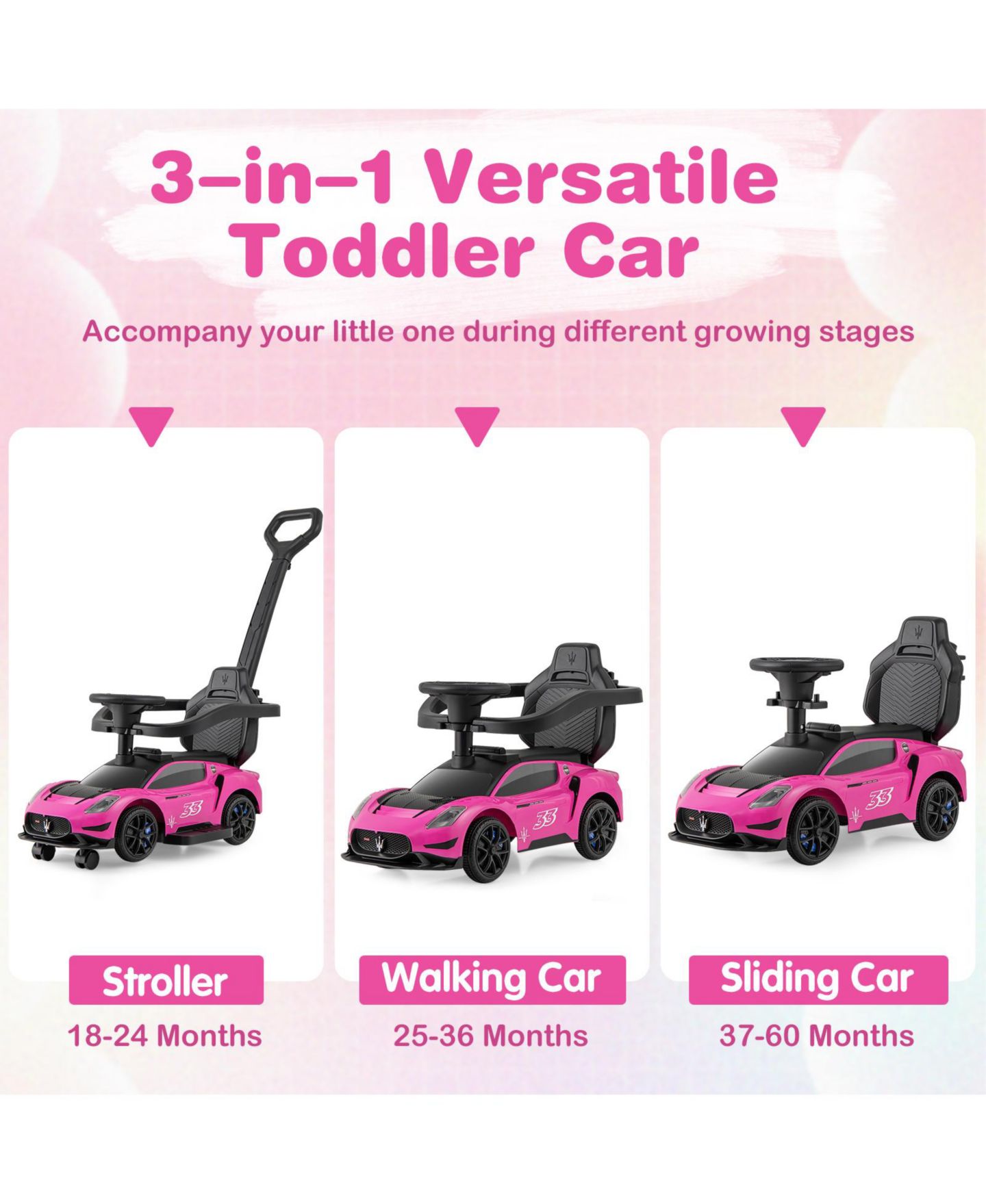 Детская игрушка SUGIFT 3-in-1 Ride-On Push Sliding Car with Music, 35.5"L x 16"W x 35.5"H, Ages 18-60 Months, цвет: Розовый — фото 5