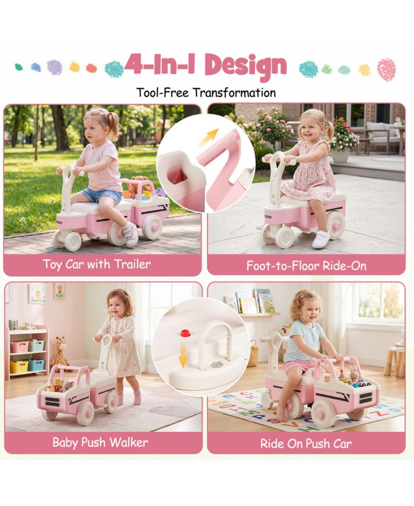 Детская игрушка SUGIFT 4-in-1 Ride On Push Car With Music and Storage, Ages 1.5-5, цвет: Розовый — фото 7