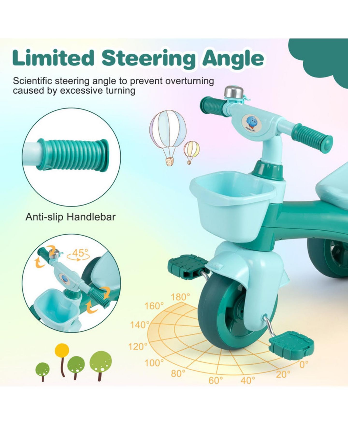 Детская игрушка SUGIFT Toddler Tricycle with Limited Steering, Front and Rear Baskets, and Bell, Ages 3-5, цвет: Зелёный — фото 8