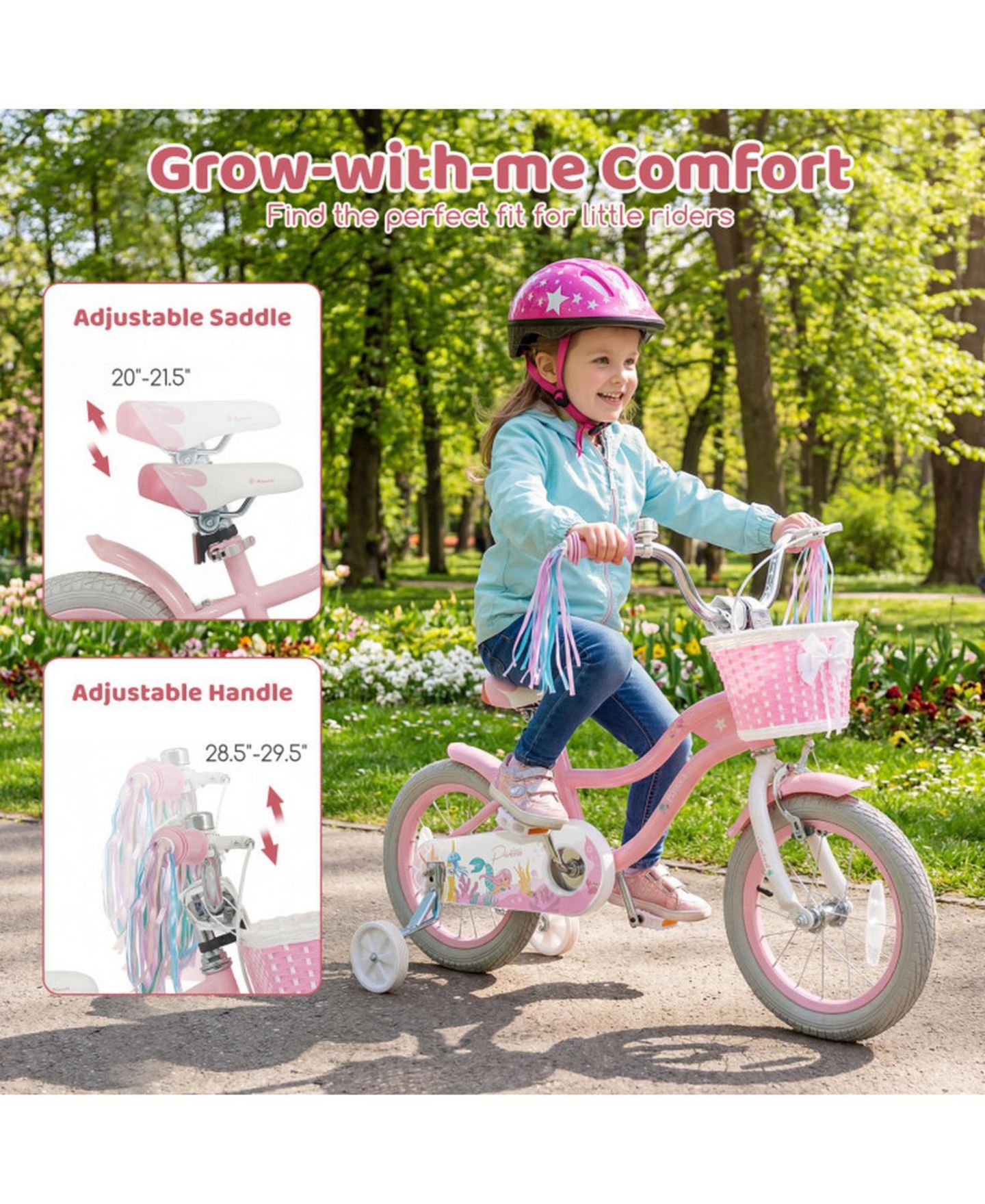 Детская игрушка SUGIFT 14 in Kids Bike Adjustable with Basket and Streamers for Girls Aged 3-5 Years Old, цвет: Розовый — фото 6
