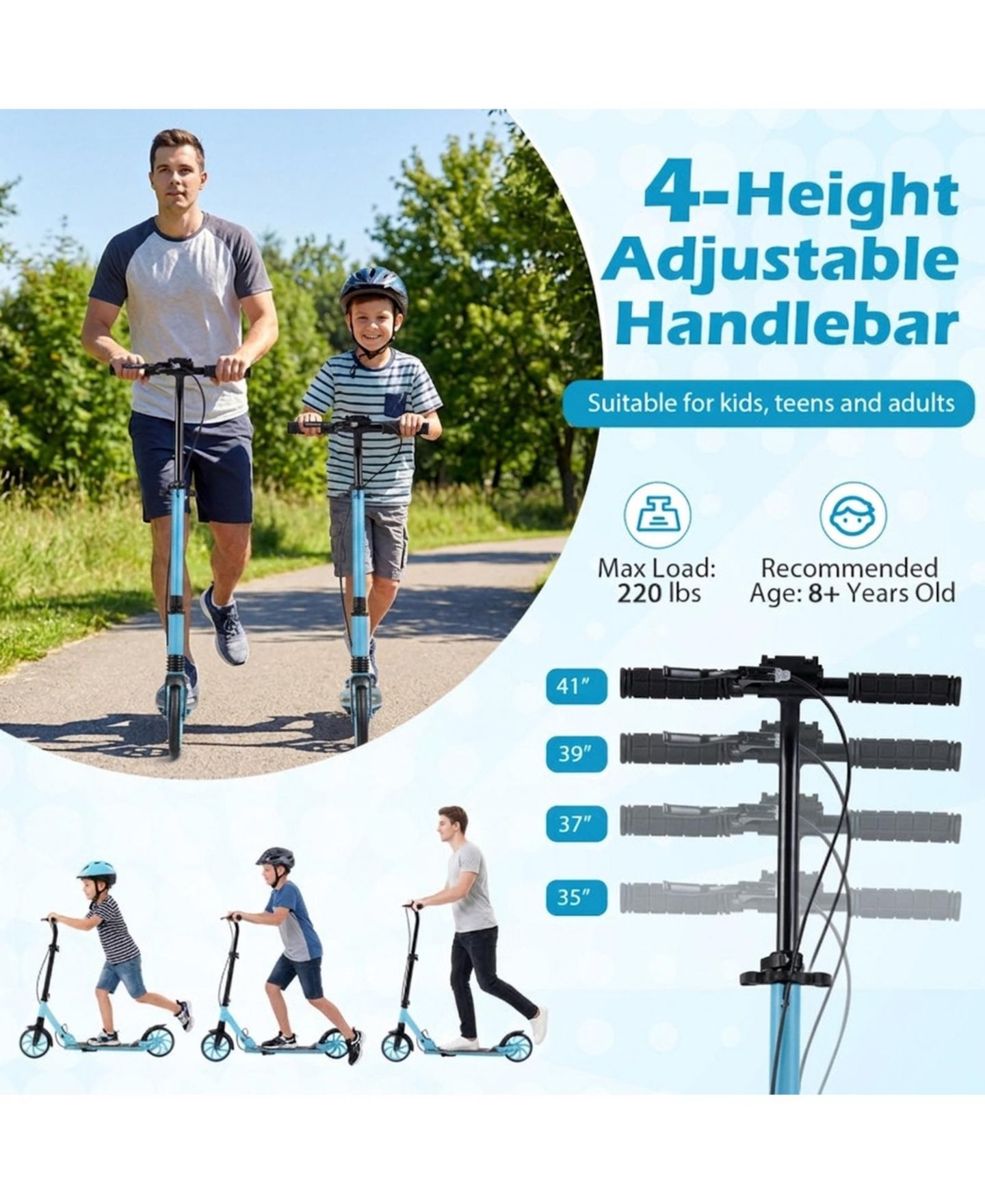 Детская игрушка SUGIFT Foldable Kick Scooter for Kids Teens Adults Age 8+ with 8in Light-up Wheels and 4-Level Handlebar, цвет: Синий — фото 7