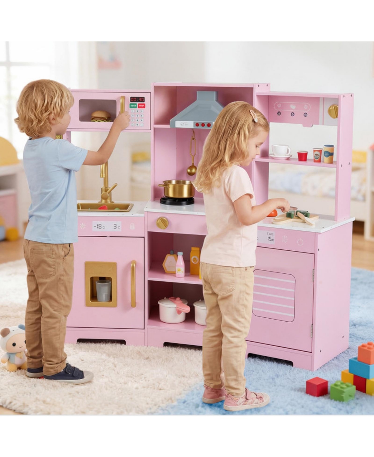 Sugift Wooden Play Kitchen with Lights and Sounds, Ages 3+