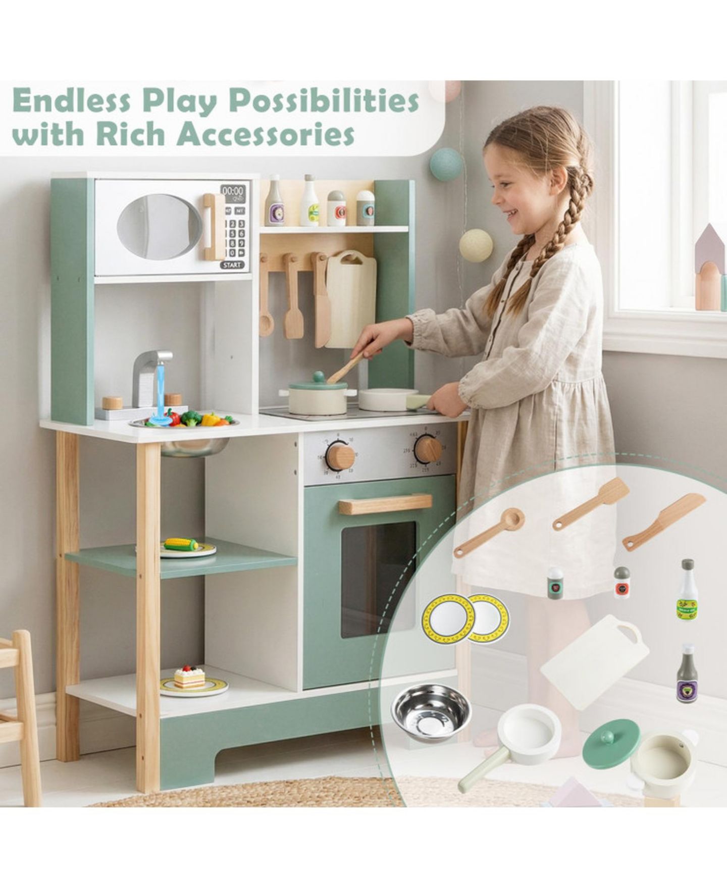 Детская игрушка SUGIFT Wooden Play Kitchen with Chalkboard, 13-Piece Playset, Ages 3+, цвет: Зелёный — фото 7