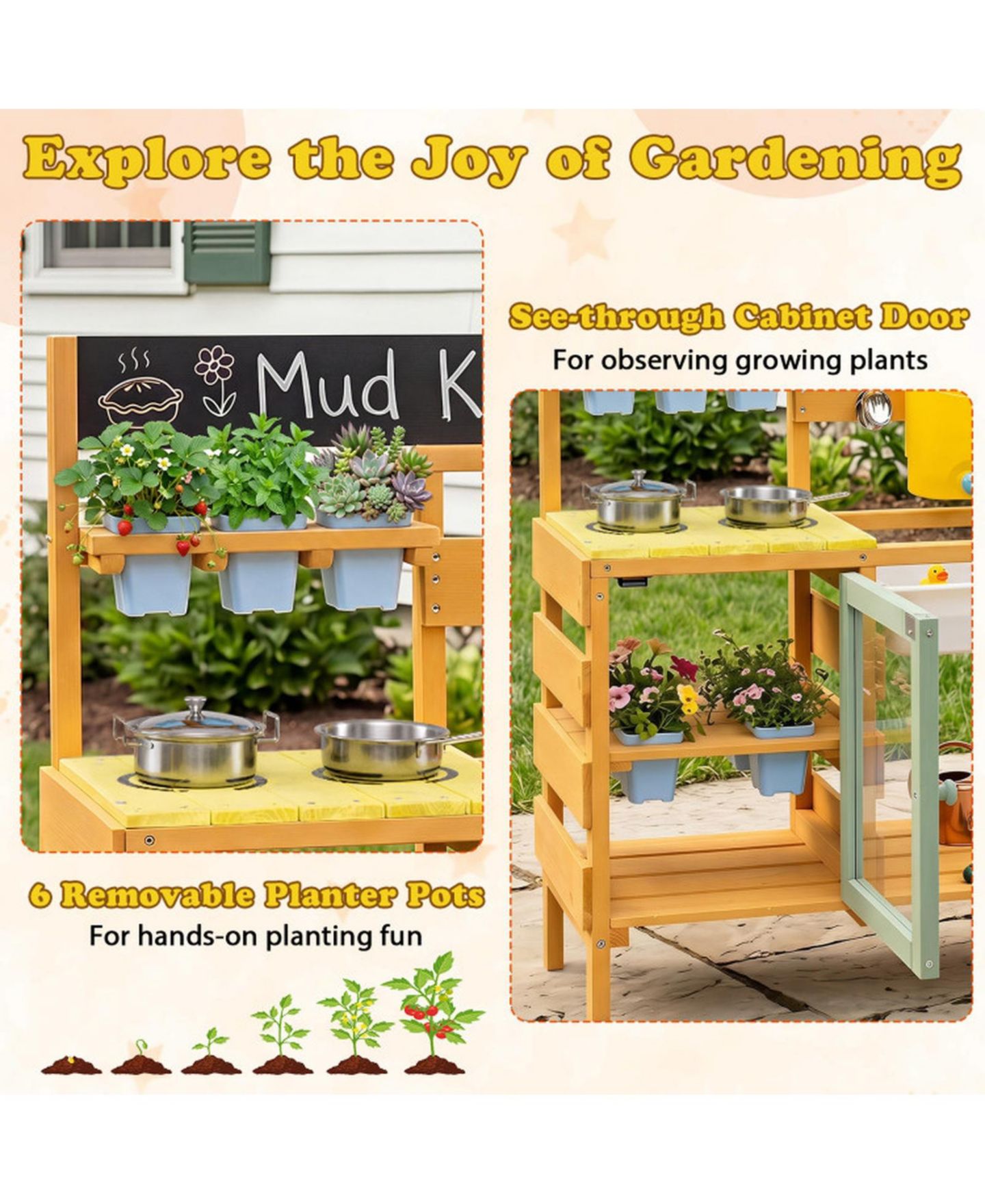 Детские игрушки SUGIFT Wooden 13-Piece Mud Kitchen with Water Tank, Faucet, and 2 Stoves, Ages 3+, цвет: Жёлтый — фото 8