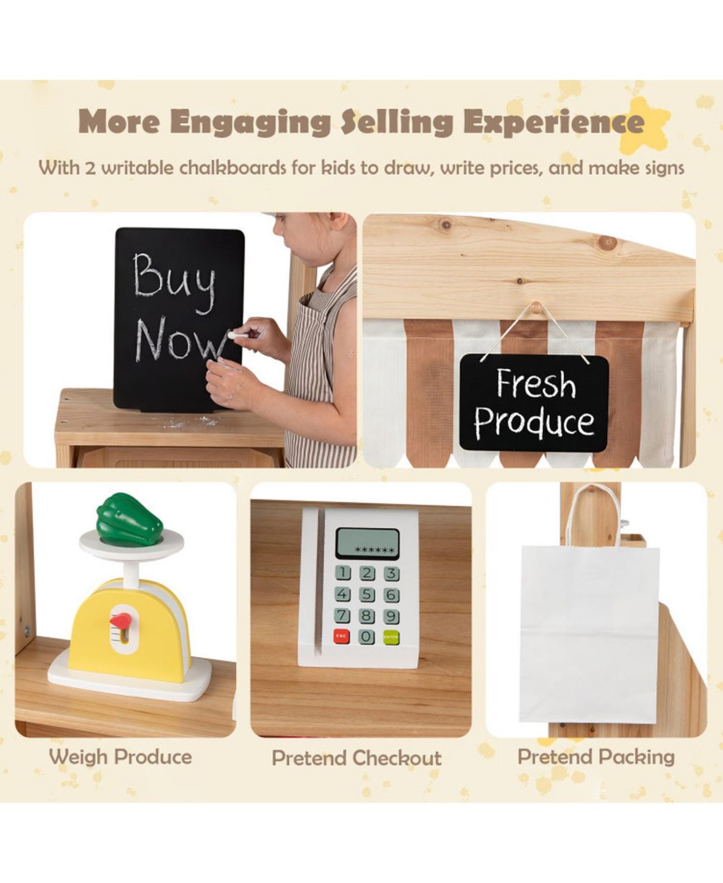 Детский игровой набор SUGIFT 2-in-1 Wooden Mud Kitchen and Market Stand 25-Piece Playset, Ages 3+, цвет: Натуральный — фото 6