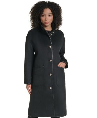 Women's Wool-Blend Faux-Leather Trimmed Funnel Neck Long Coat