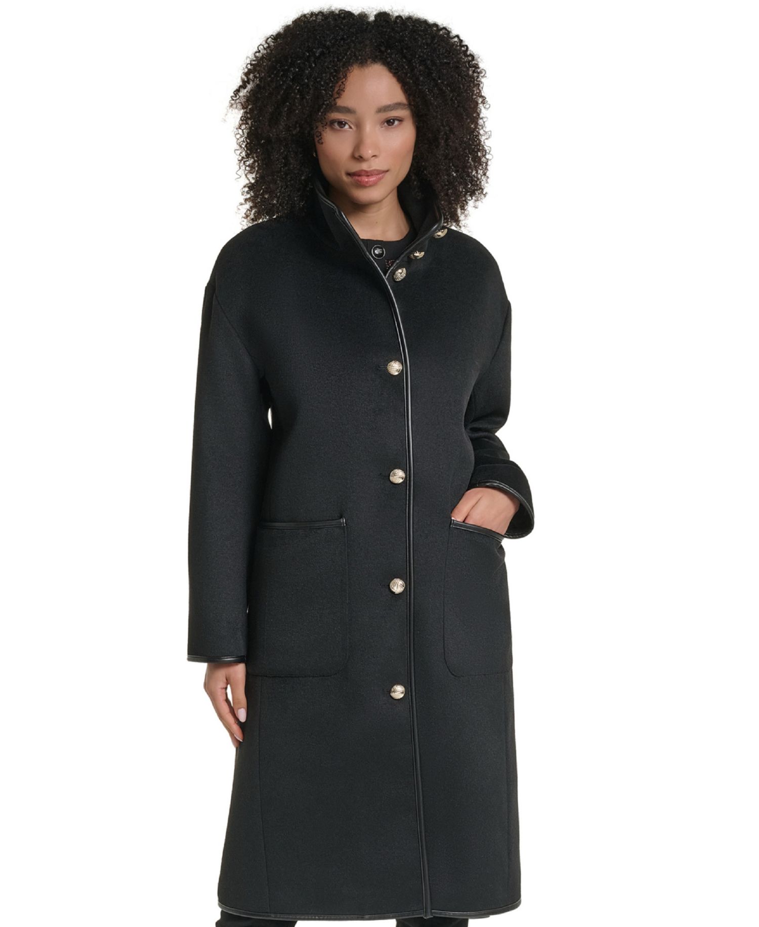 Women's Wool-Blend Faux-Leather Trimmed Funnel Neck Long Coat