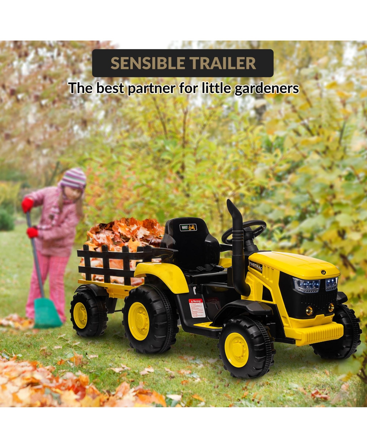 homfan Electric Ride On Tractor with Detachable Garden Trailer, Rechargeable Remote Control, Ages 3-8