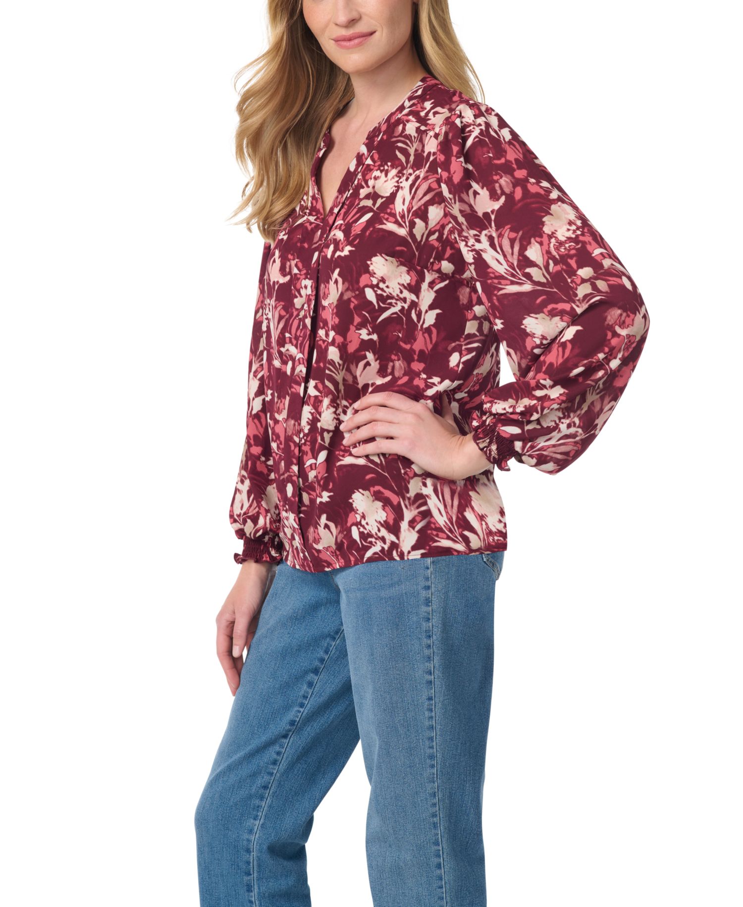 Women's Long-Bishop-Sleeve Floral V-Neck Blouse