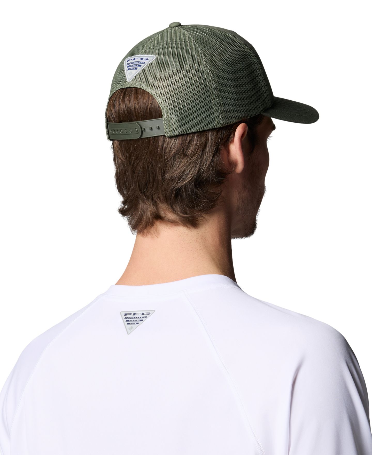 Мужская кепка Columbia Royal and White PFG Fish Flag Coolmax Trucker Snapback Hat, цвет: Кипарисовый / Табачный — фото 2