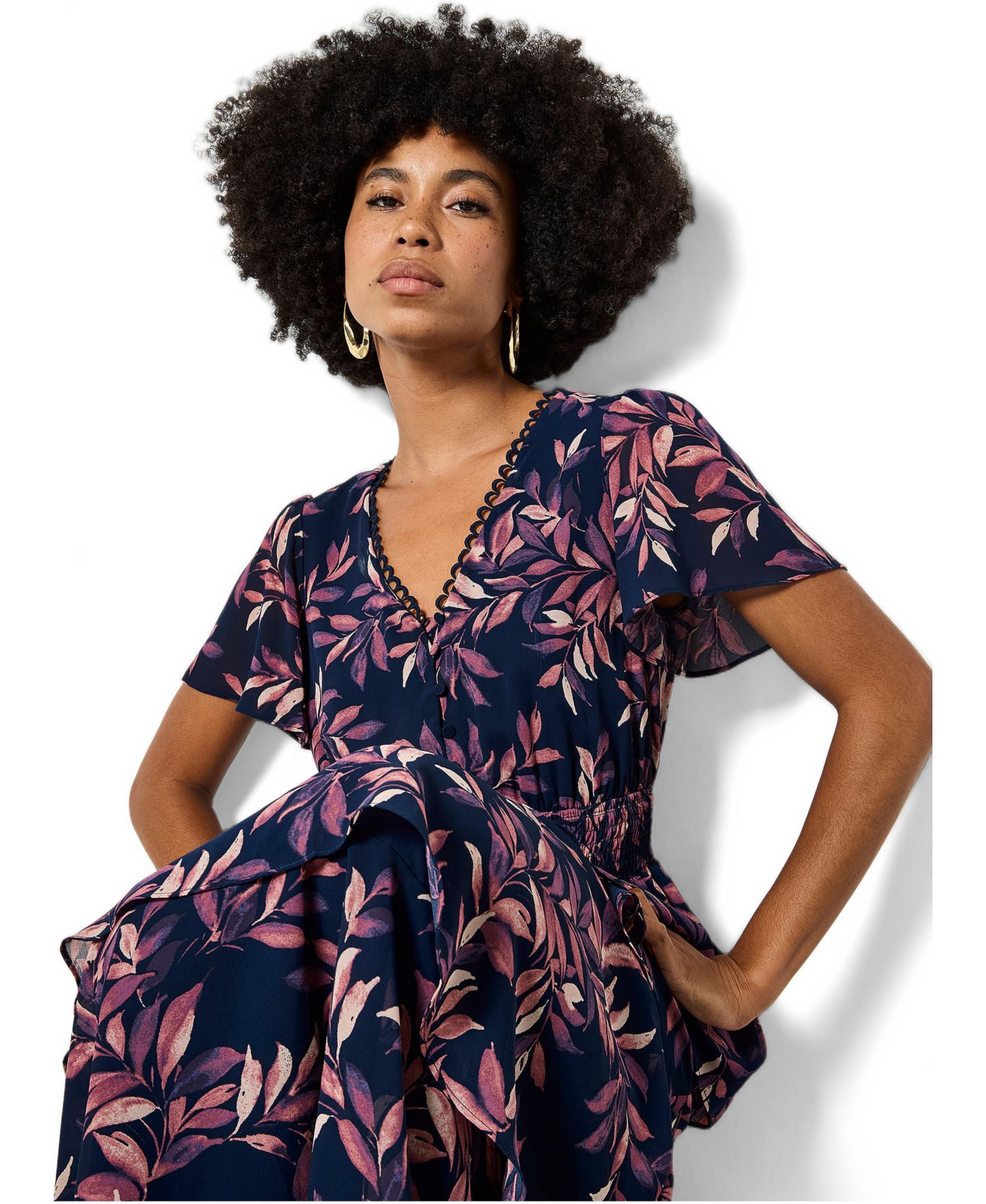 Women's Tiered Leaf Print Short-Sleeve Dress