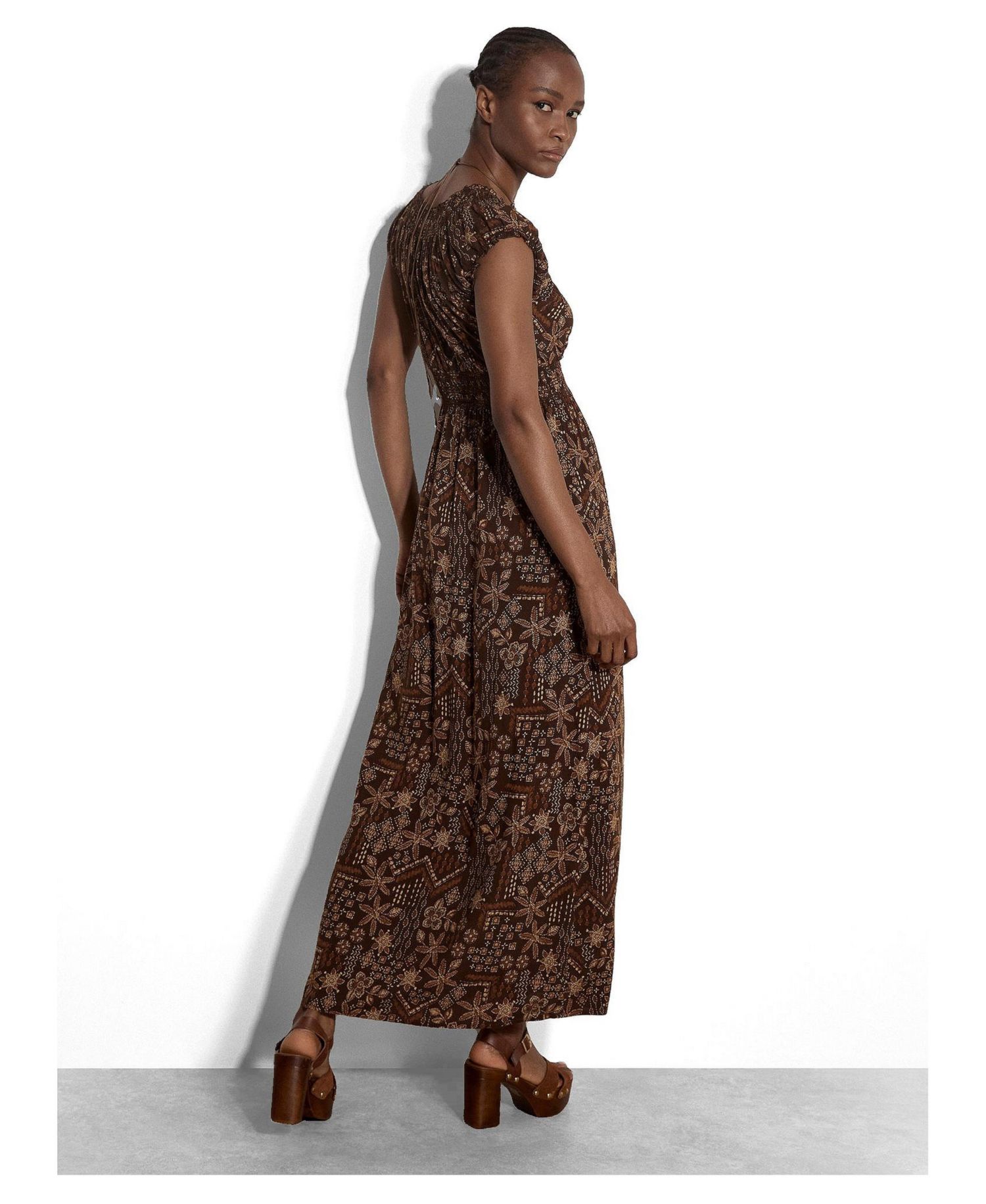 Women's Batik Star Flower V-Neck Cap-Sleeve Boho Maxi Dress