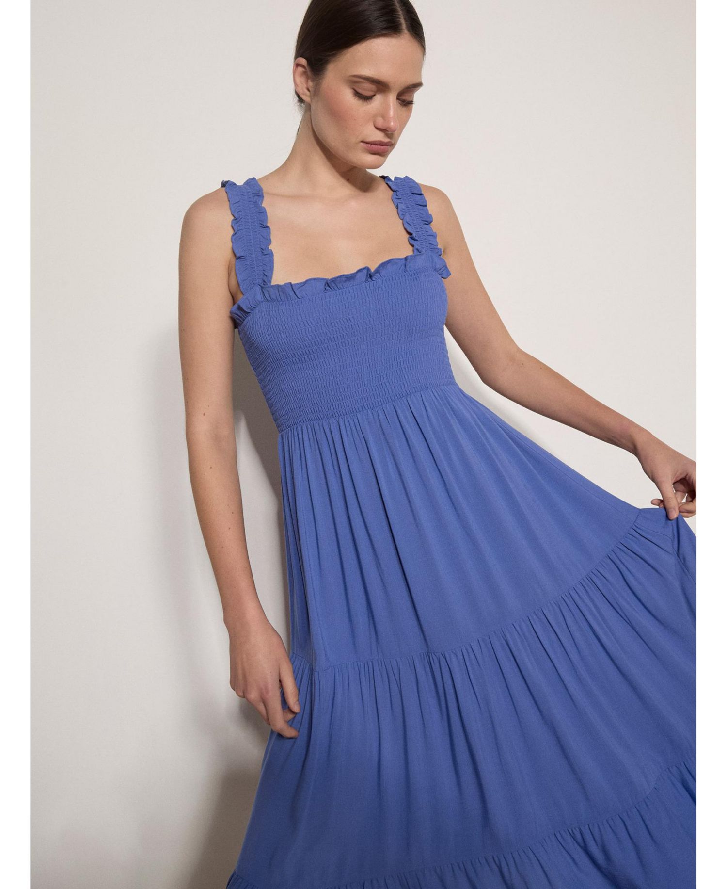 Women's Slub Smock Tiered Midi Square Neck Dress