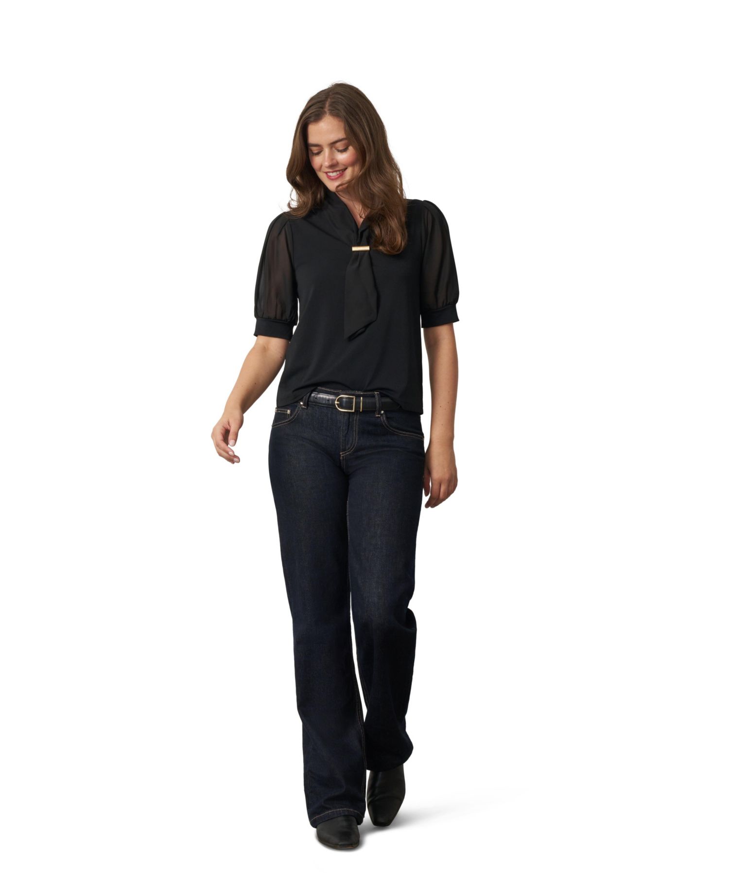 Women's Tie-Neck Short-Sleeve Puff Blouse