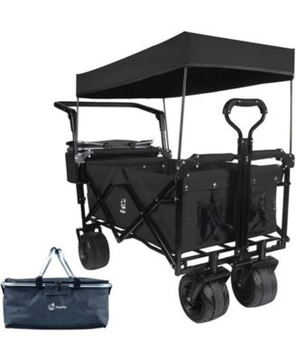 Collapsible Wagon with Removable Canopy,4" All-Terrain Brake Wheels, Adjustable Handles, Cooler Bag for Garden and Beach