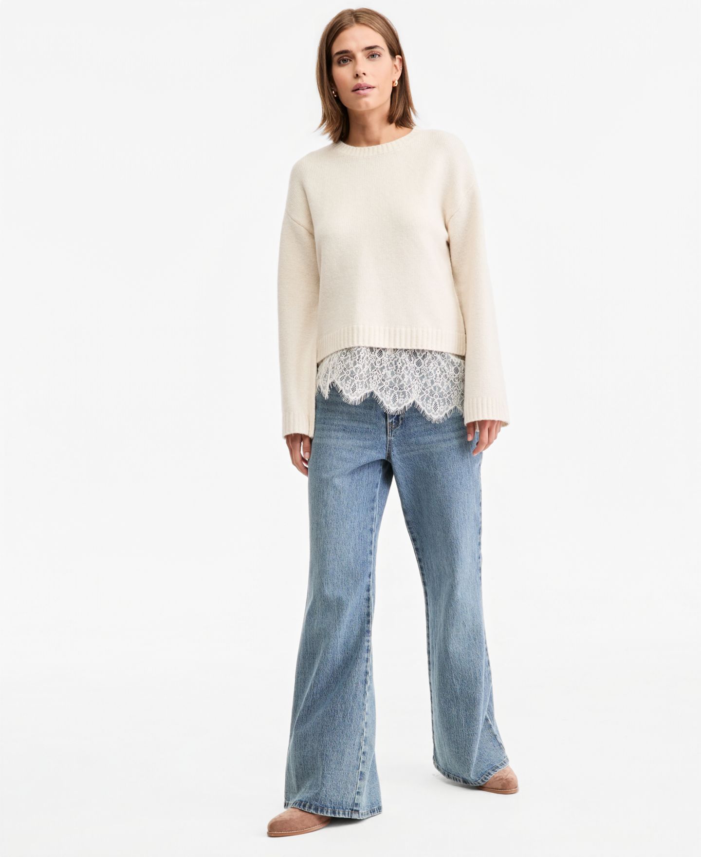 Женский свитер And Now This Petite Long-Sleeve Crewneck Lace, цвет: Меланжевый серый — фото 4