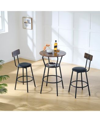 Round Bar Table Set with Middle Shelf and Upholstered Stools