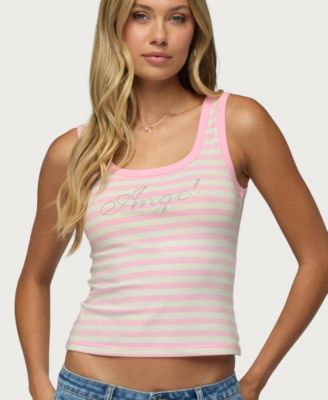 Women's Angel Glow Rhinestone Striped-Crop Tank Top