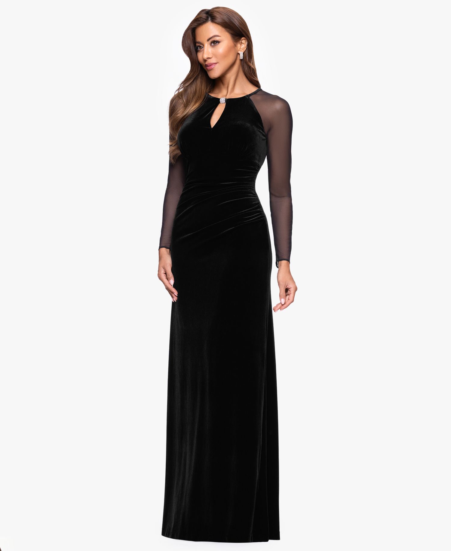 Petite Velvet Keyhole Sheer Mesh Sleeves Gown