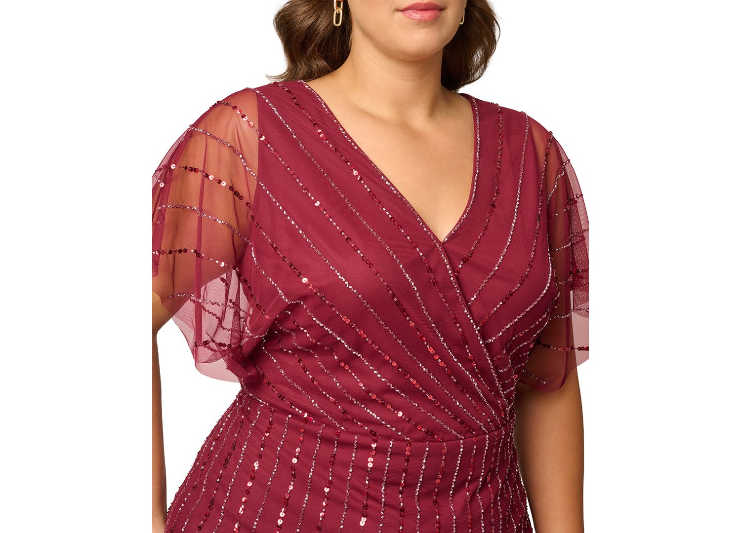 Plus Size Sequin Beaded Flutter-Sleeve Dress