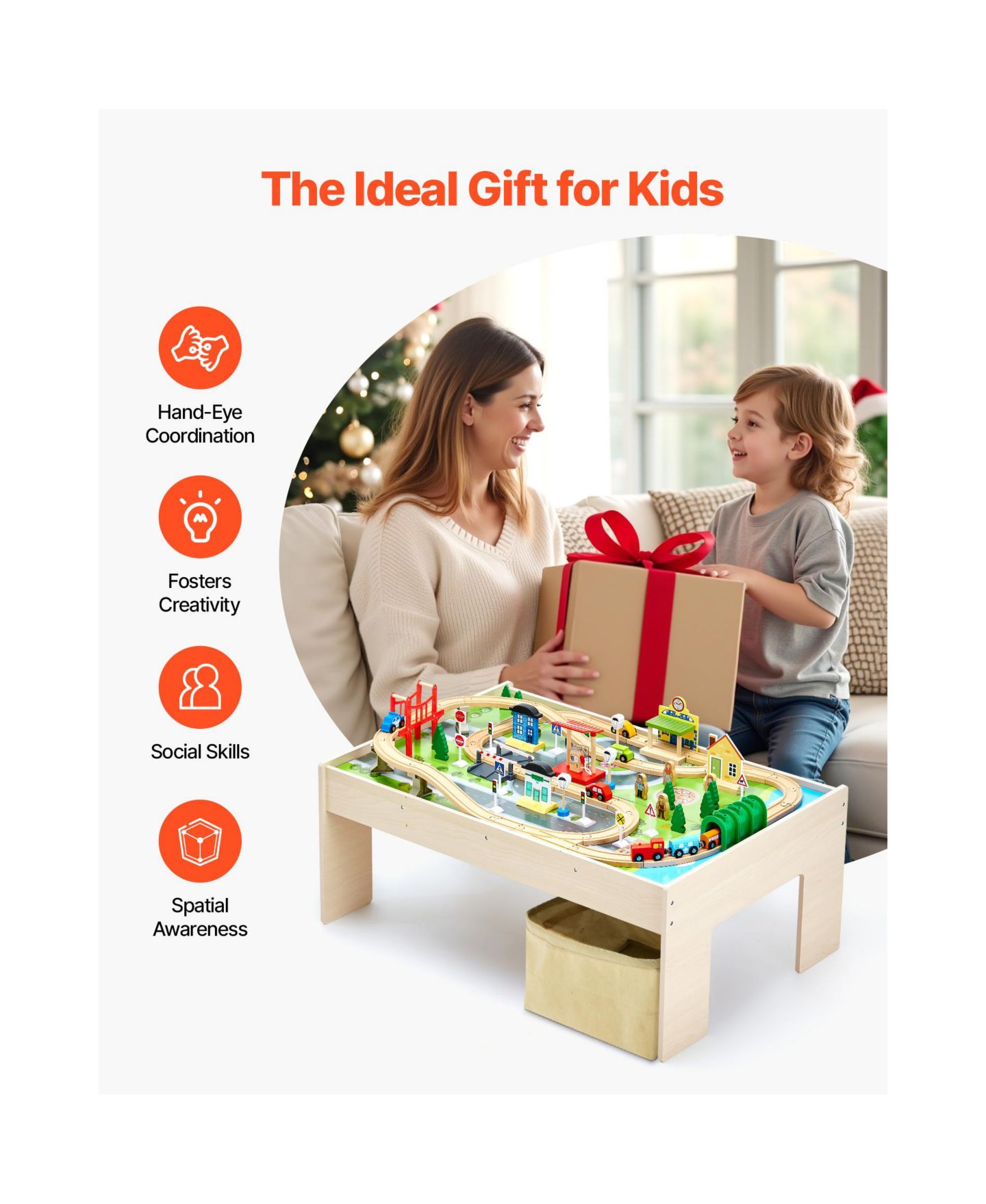Детские игрушки HONGGE 84-Piece Reversible Tabletop Wooden Train Table with Collapsible Storage Bin, цвет: Зелёный / Коричневый — фото 6
