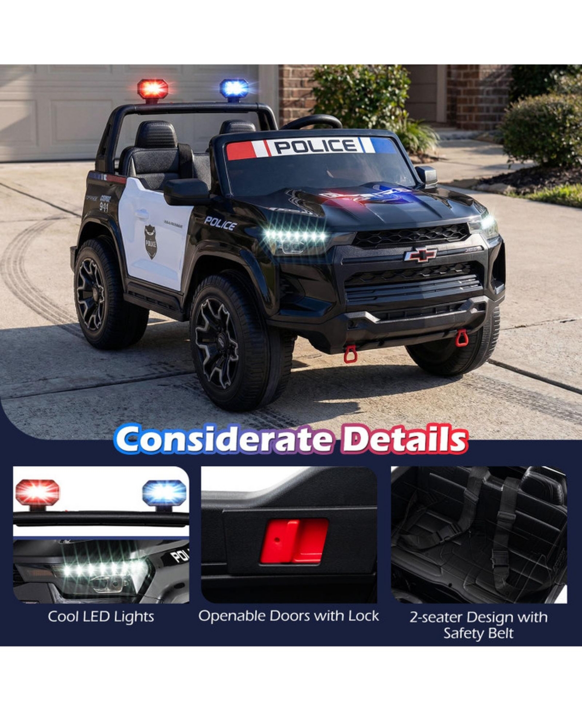 Hongge 24V 2-Seater Kids Ride-On Police Car with 4WD and Remote Control, Ages 3-8