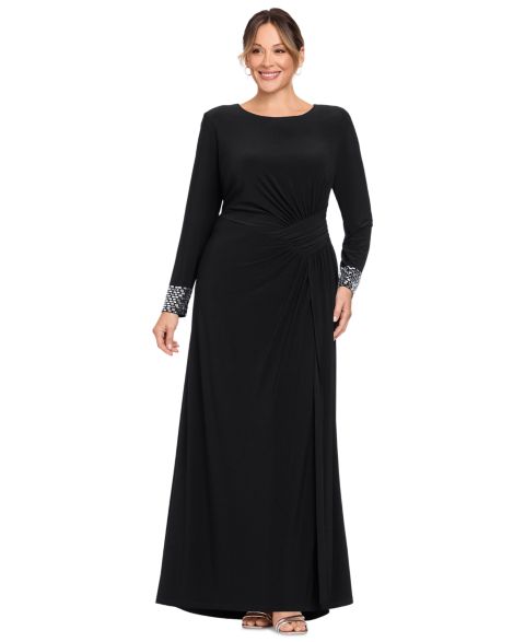 Женские платья Betsy & Adam Plus Size Wedding Guest Bedazzled-Wrist-Cuff Gown, цвет: Чёрный серебряный