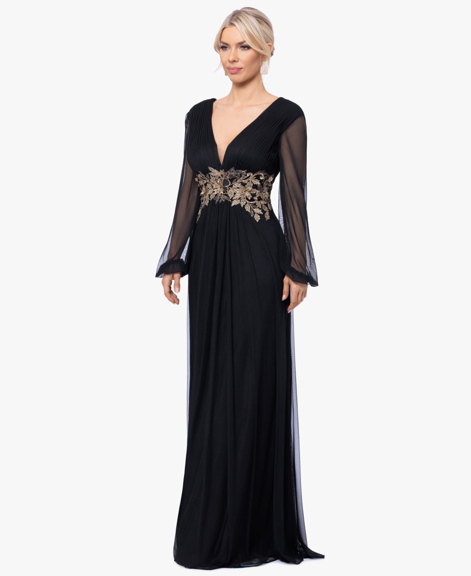 Plus Size Floral-Applique Long-Sleeve V-Neck Gown
