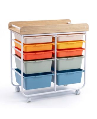 10-Drawer Rolling Storage Cart with Wooden Tabletop and Lockable Wheels for Office