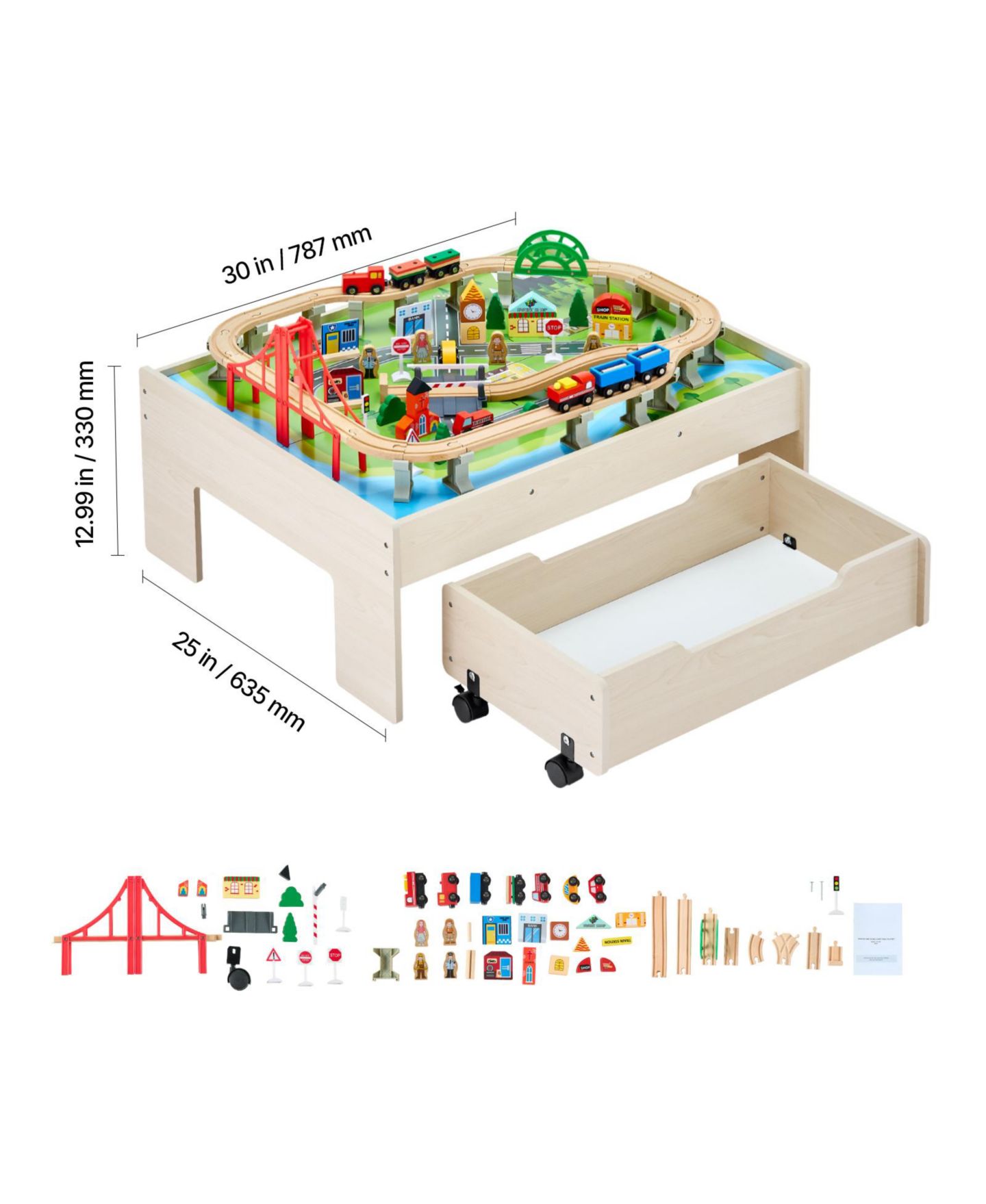 Детские игрушки HONGGE 3-in-1 100-Piece Reversible Wooden Train Table, цвет: Натуральный — фото 4