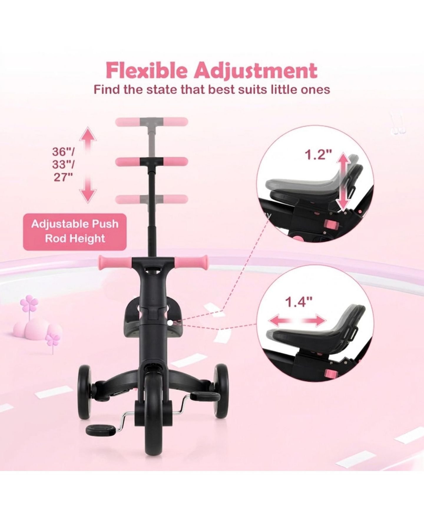 Детская игрушка HONGGE 4-in-1 Foldable Toddler Trike with Parent Push Handle, 55 lbs Capacity, Ages 18 Months–5 Years, цвет: Чёрный / Розовый — фото 6
