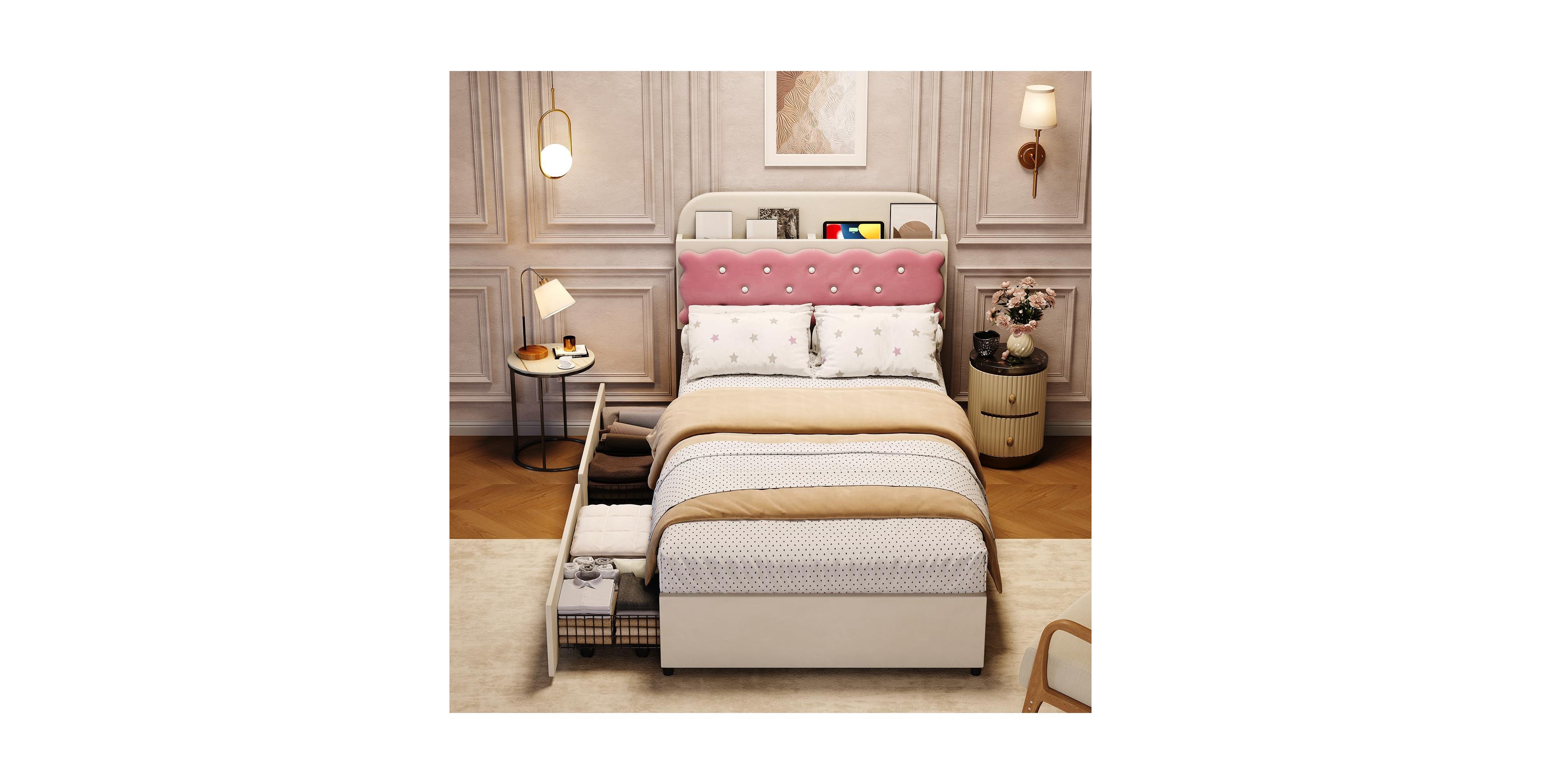 homfan Sandwich Cookie Style Princess Bed Frame, Upholstered with Storage Headboard and 2 Drawers, No Box Spring Needed