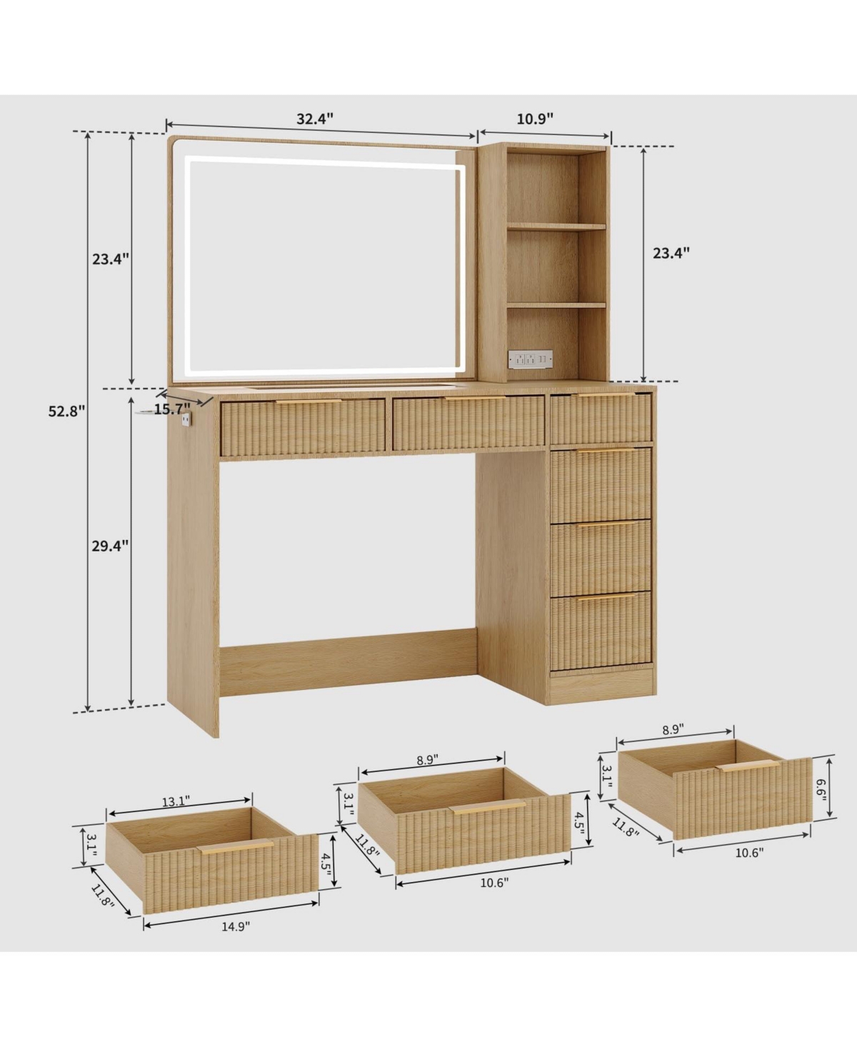 gaomon 52" Fluted Makeup Vanity Desk with Mirror and Adjustable Lighting, Dressing Table with 6 Drawers, Glass Top, Open Shelves and Hairdryer Stand