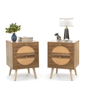 2 Pieces Rattan Nightstand with 2 Drawers Solid Wood Legs Compact Wood Coffee Table