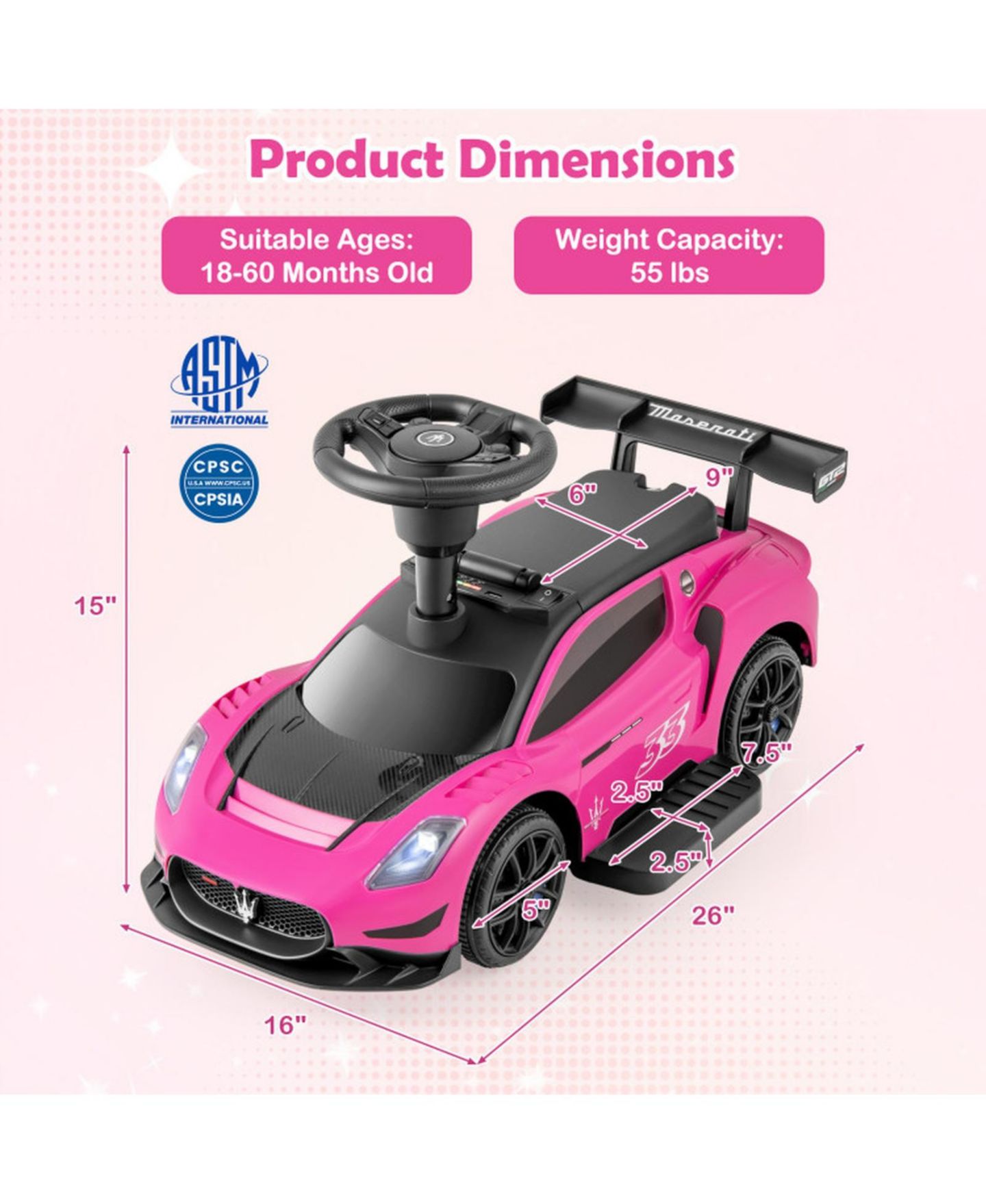 Детская игрушка HONGGE Electric Foot-Pedal Ride-On Car, 26"L x 16"W x 15"H, 55 lbs Capacity, Ages 18 Months to 5 Years, цвет: Розовый — фото 3