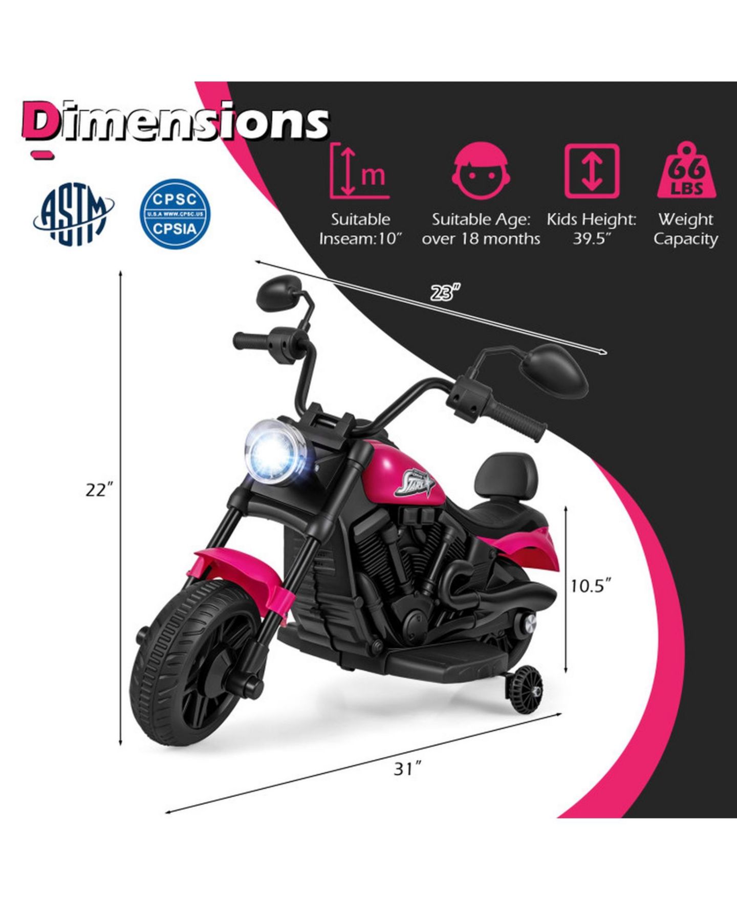 Детская игрушка HONGGE 6V Kids Electric Motorcycle with Headlight and Training Wheels, цвет: Розовый — фото 3